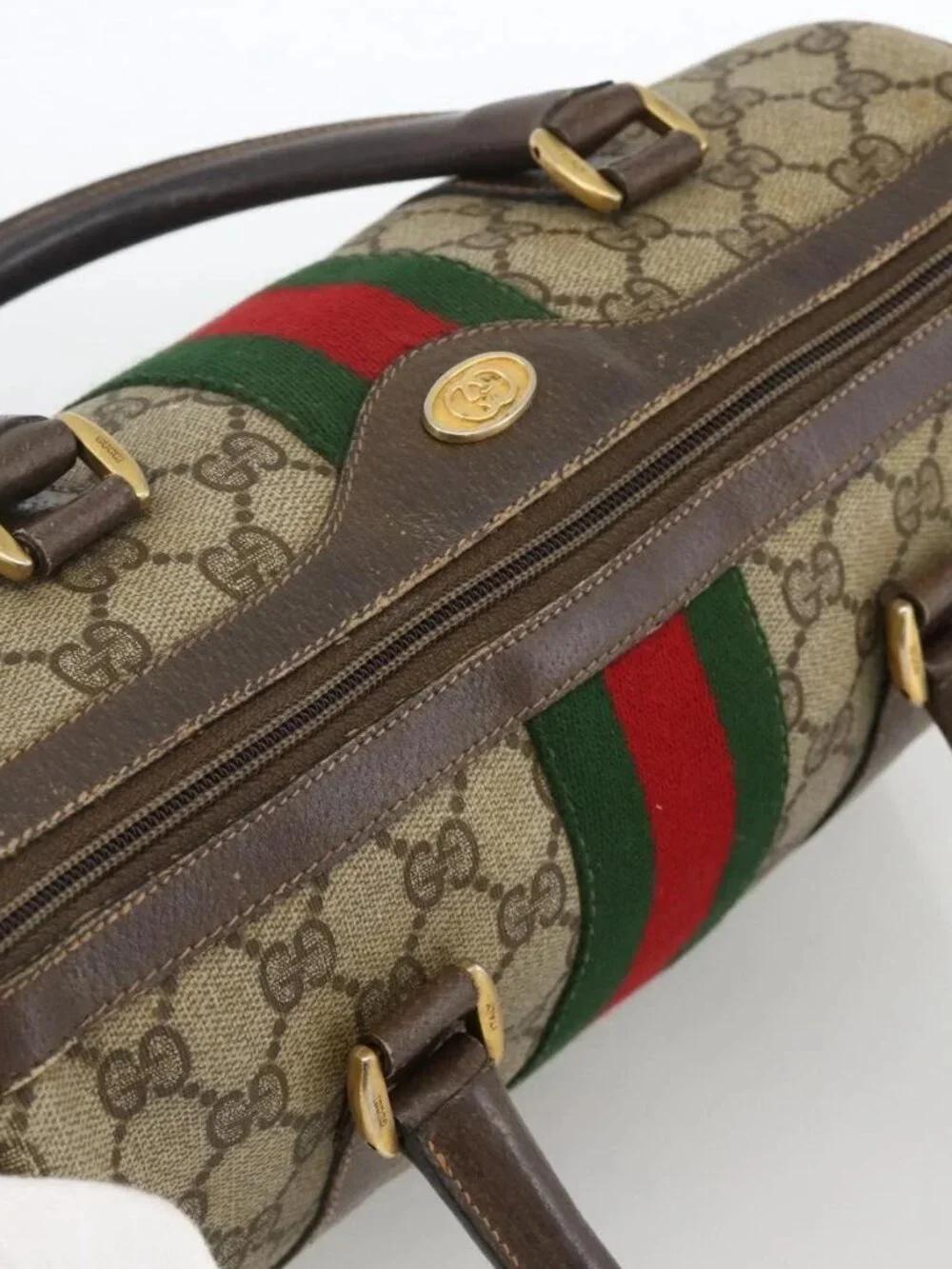 GUCCI GG Supreme Web Sherry Line Bag PVC Beige Gold 98 02 006 Auth BA12009
